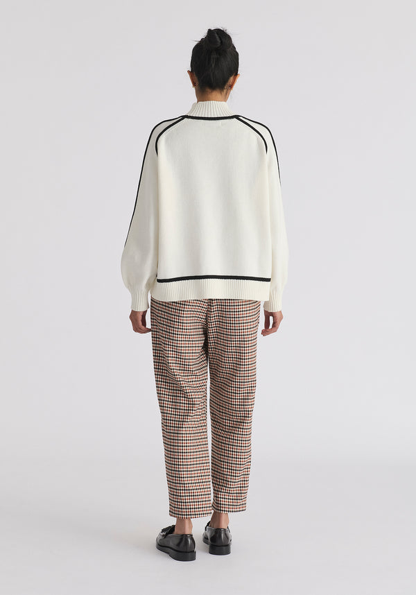 Contrast Stripe Piping Mock Neck Jumper in White and Black Back